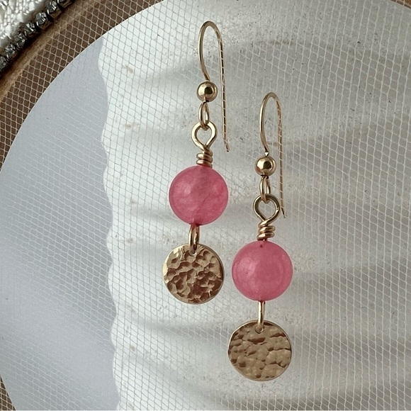 Artisan Gold Dangle Earrings with Pink Jade Beads - Picture 1 of 14
